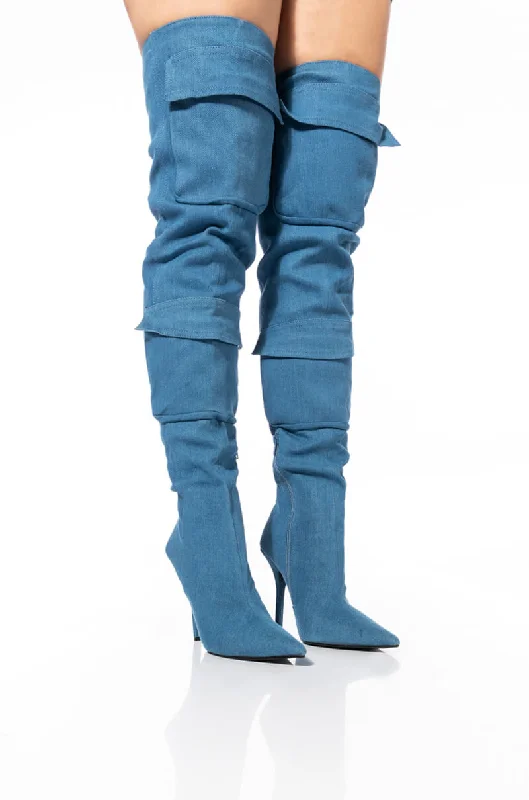 Denim Dress for Everyday Wear -MOTOFOX STILETTO OVER THE KNEE BOOT IN BLUE DENIM