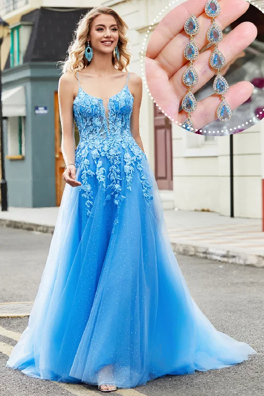 Party Dress for Beach Party -Blue A Line Appliques Tulle Long Prom Dress with Accessory