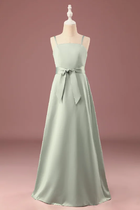 Office Dresses for Business -Matcha A-line Satin Spaghetti Straps Long Junior Bridesmaid Dress