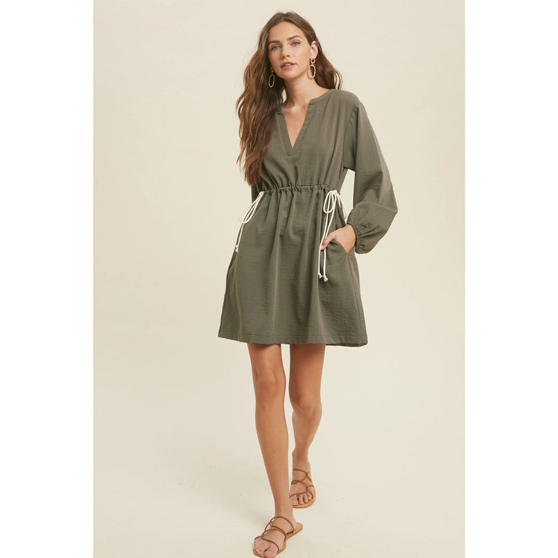 Silk Dresses for Luxurious -Women's L/S Casual Drawstring Waisted Mini Dress in Olive Green