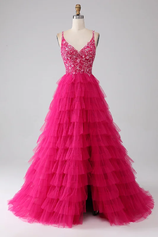 White Party Dress for Elegant Style -Fuchsia Princess A-Line Spaghetti Straps Sequin Tiered Long Prom Dress with Slit