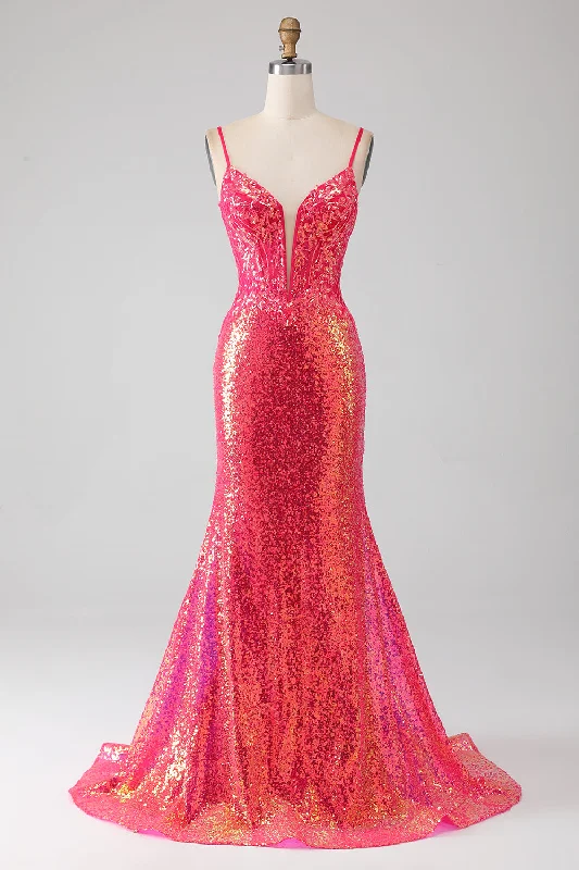 Sequined Party Dress for Sparkle Look -Sparkly Mermaid Fuchsia Prom Dress with Sequins