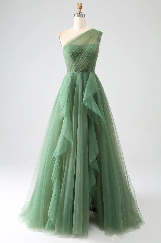 Sheath Party Dress for Sophisticated -Dark Green Tulle A-Line One-Shoulder Long Prom Dress