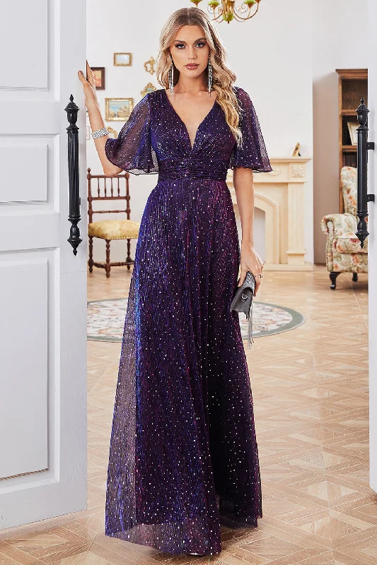 Purple Dresses for Royalty -Sparkly V-Neck Purple Party Dress with Short Sleeves