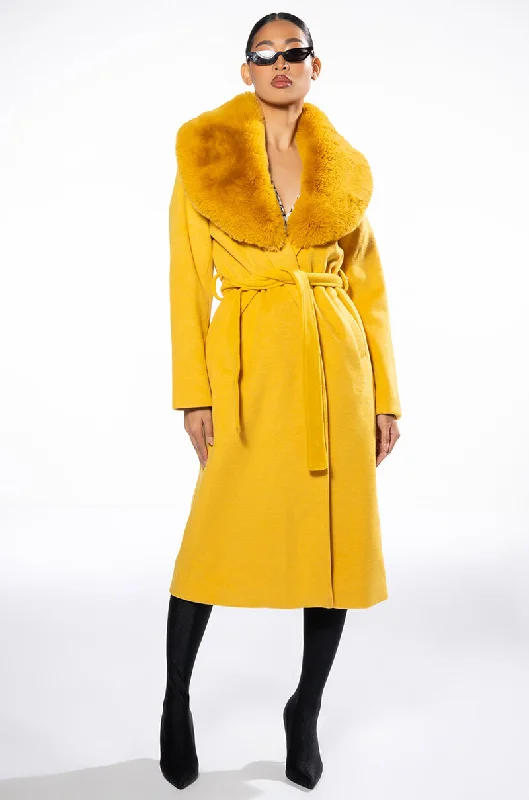 Denim Dress for Festival Parties -AZALEA WANG PRINCESS YELLOW TRENCH WITH FUR COLLAR