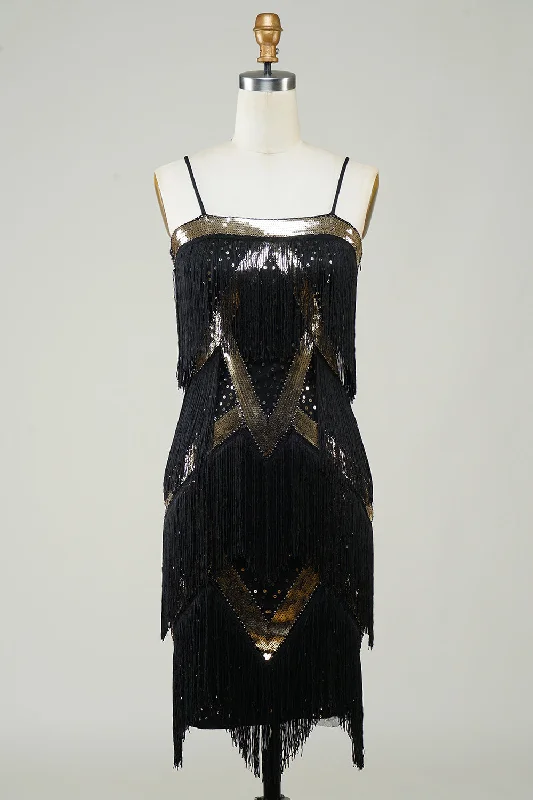 Minimalist Dresses for Simplicity -Black Spaghetti Straps Sequins 1920s Dress with Fringes