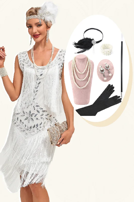 Prom Dresses for School Dance -White Sequins Fringes Flapper Dress with Accessories Set