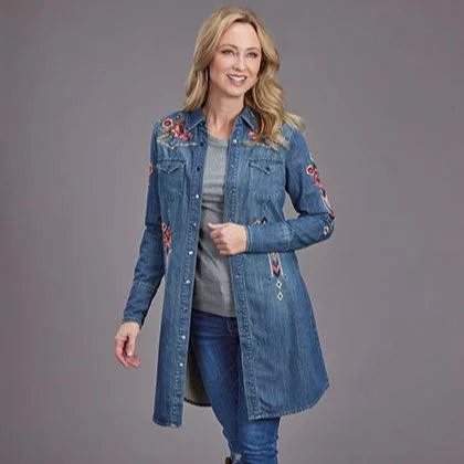 Geometric Dresses for Modern -Stetson Women's Lavish Embroidered Denim Western Shirt Dress in Dark Wash