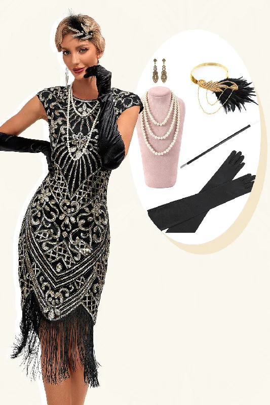 Work Dresses for Professional -Sparkly Fringes Black Golden Flapper Dress with Accessories Set