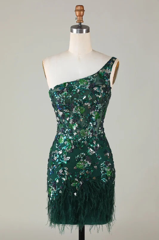 Satin Dresses for Shiny Look -Bodycon One Shoulder Dark Green Sequins Short Homecoming Dress with Feather