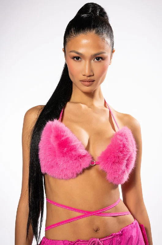 Abstract Denim Dress for Creative -BARBZ FAUX FUR BRALETTE