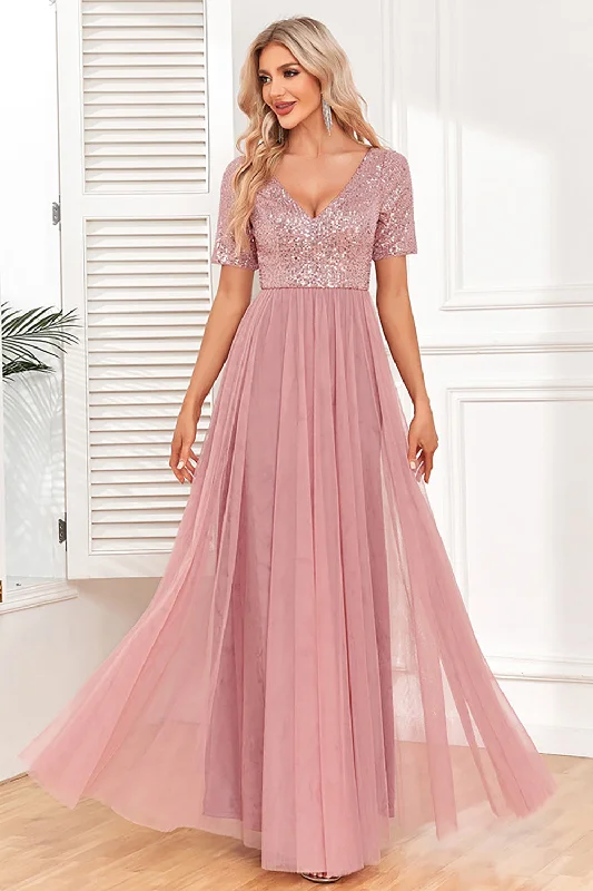 Rhinestone Dresses for Bling -Dusty Rose A-Line V Neck Tulle Formal Dress with Short Sleeves