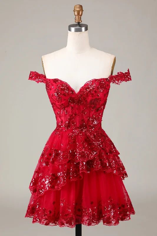 Beaded Dresses for Glamour -Sparkly Red Corset Tiered Lace A-Line Short Homecoming Dress