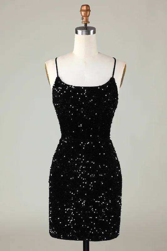 Nylon Dresses for Stretchable -Black Spaghetti Straps Sequin Homecoming Dress With Criss Cross Back