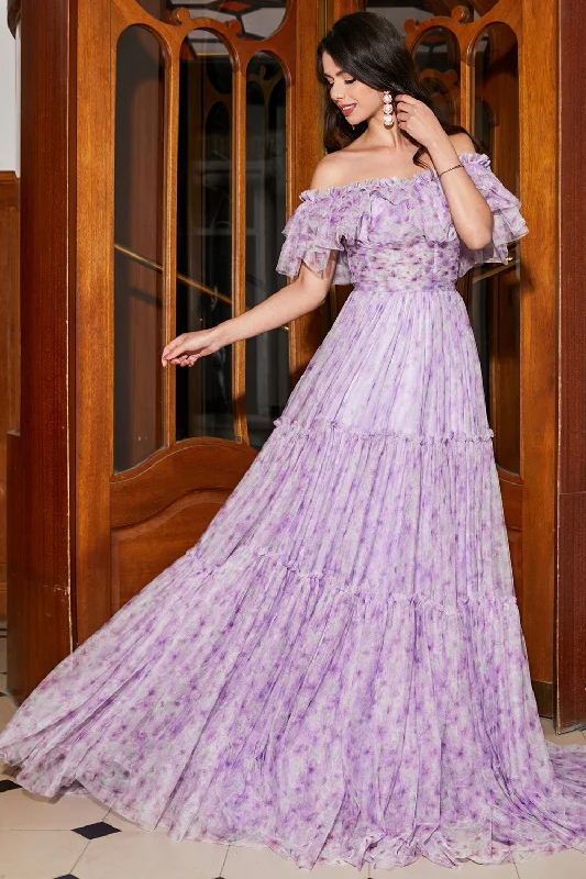 Short Sleeve Party Dress for Casual -Gorgeous A Line Off the Shoulder Lilac Floral Long Prom Dress with Ruffles