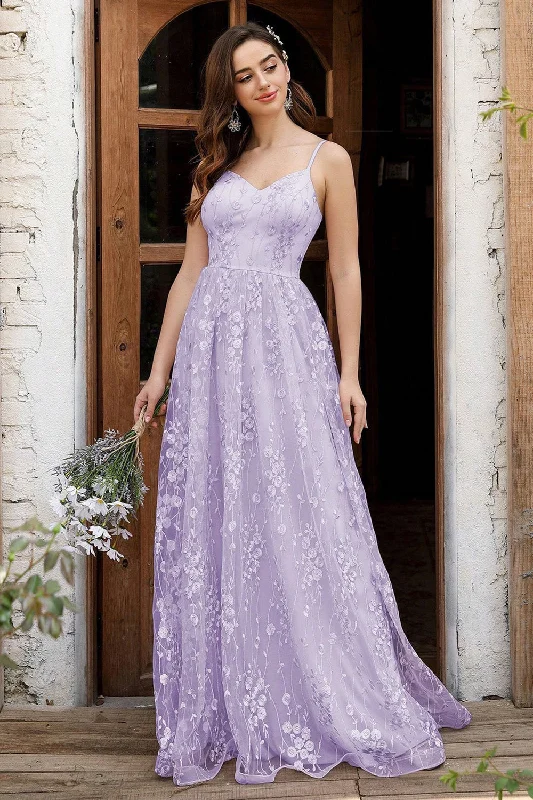 Short Sleeve Party Dress for Casual -Lilac Spaghetti Straps A Line Lace Prom Dress