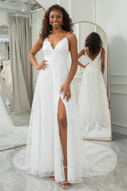 Mother's Day Dresses for Gift -Ivory A-Line Sweep Train Lace Wedding Dress with Slit