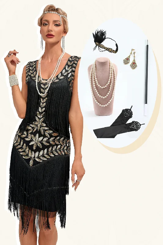 Leather Dresses for Luxury -Glitter Black Sequins Fringed 1920s Gatsby Dress with Accessories Set