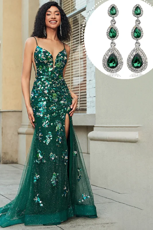 Party Dress for Indoor Party -Sparkly Dark Green Mermaid Long Prom Dress with Accessory