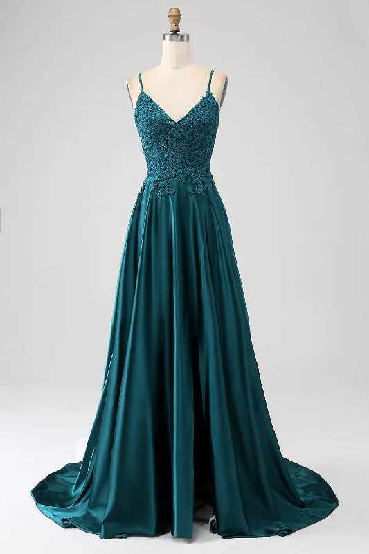 Sequined Party Dress for Sparkle Look -Peacock Green A-Line Spaghetti Straps Long Prom Dress with Slit