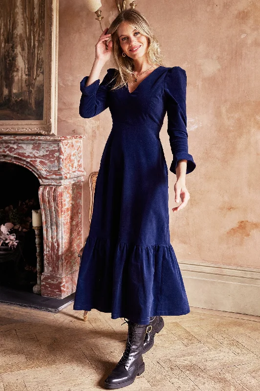 Lace Dresses for Delicate -Victoria V-Neck Long Sleeve Stretch Corduroy Dress | Atlantic Blue