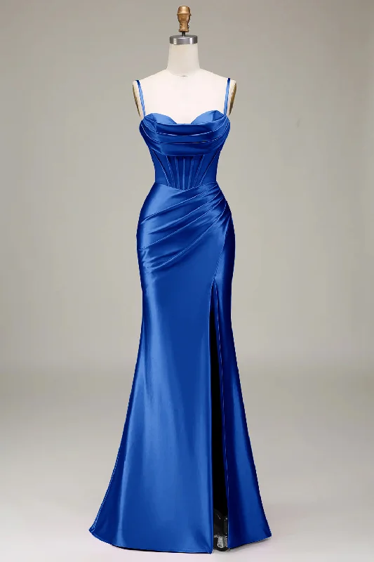 Asymmetric Hem Party Dress for Unique -Simple Mermaid Spaghetti Straps Royal Blue Corset Prom Dress with Split Front