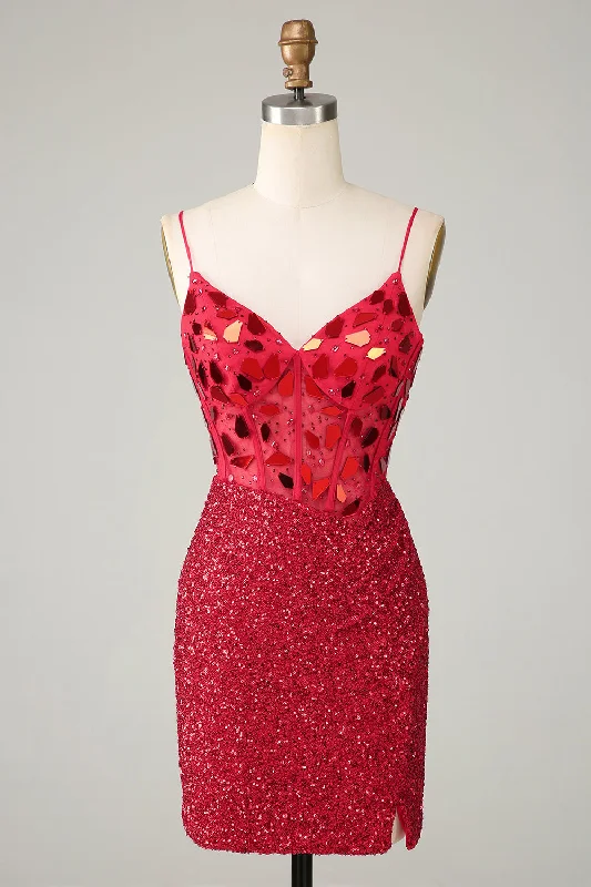 Wrap Dresses for Adjustable -Sparkly Red Corset Sequin Mirror Tight Homecoming Dress with Slit