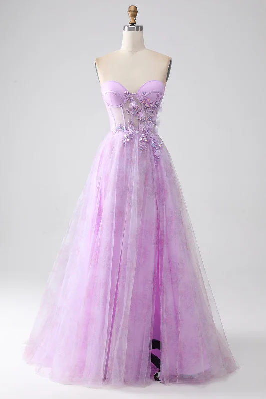 Printed Party Dress with Floral Pattern -Lavender Printed Strapless Corset Prom Dress with Beading