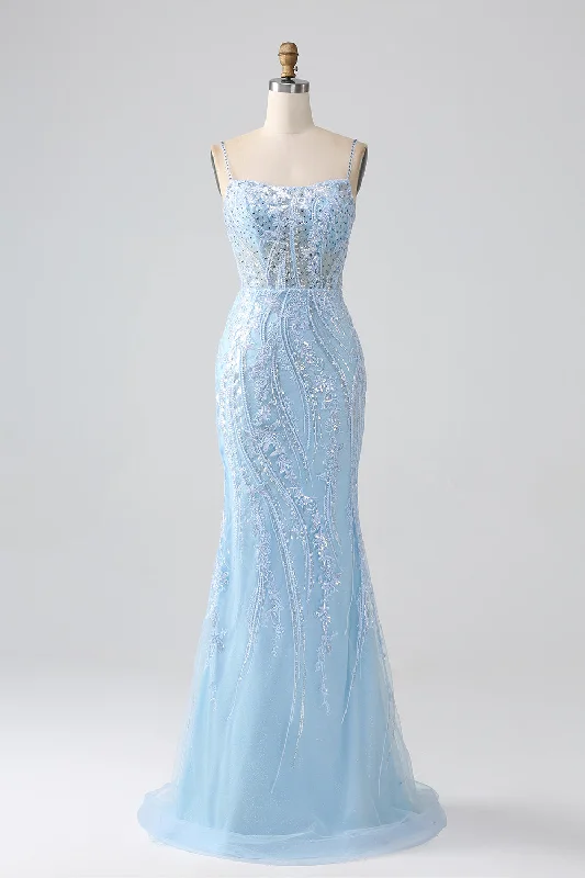 Satin Party Dress for Smooth Texture -Sky Blue Sparkly Mermaid Corset Prom Dress with Sequins