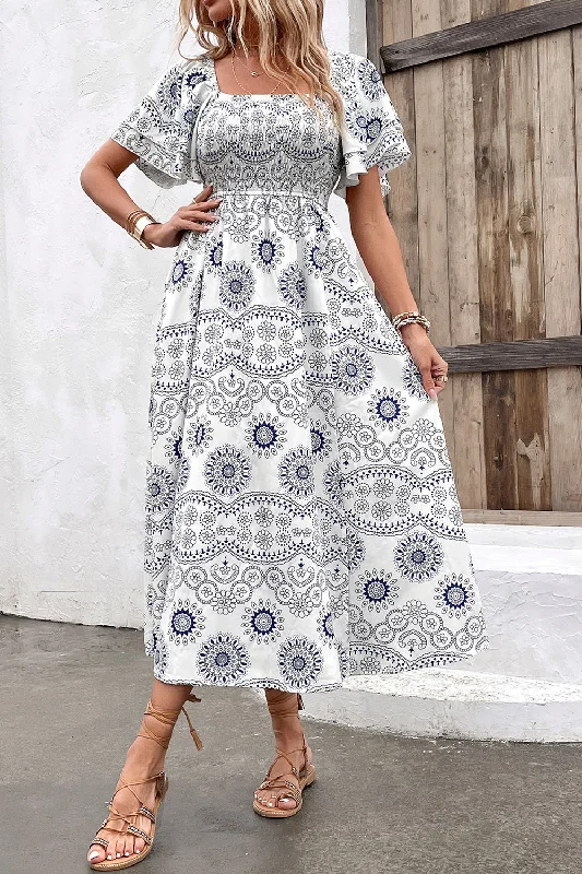 Capri Dresses for Playful -White Square Neck Printed Summer Dress With Short Sleeves