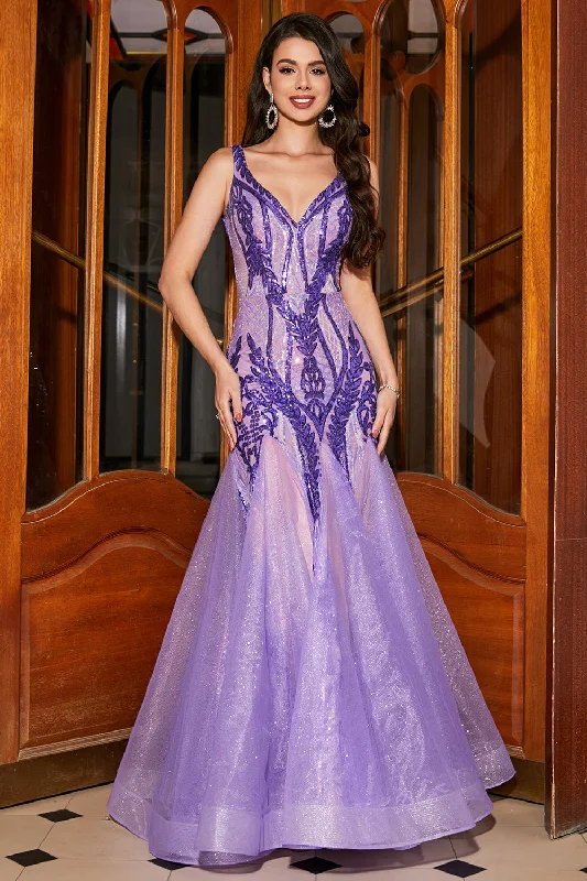 Party Dress for Outdoor Party -Stunning Mermaid V Neck Purple Sequins Long Prom Dress with Open Back