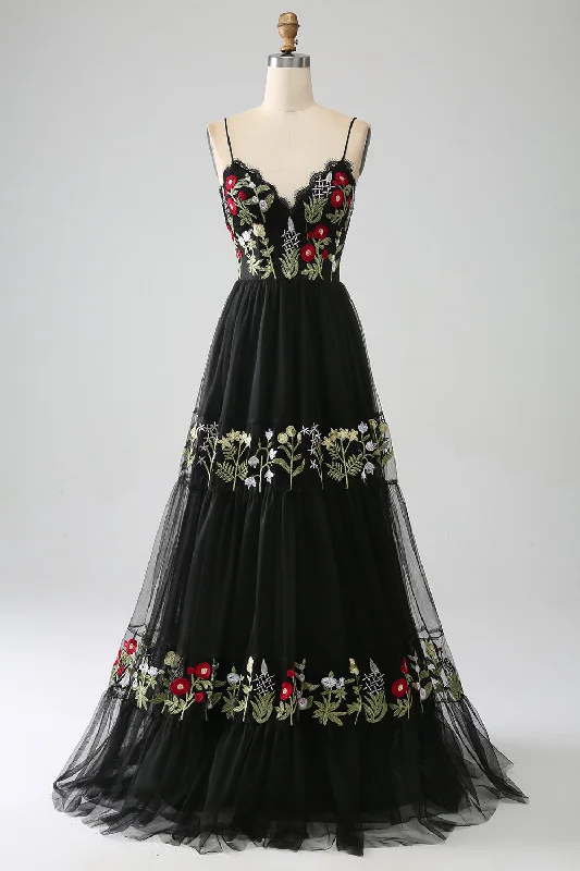 Party Dress for Themed Party -Black A-Line Spaghetti Straps Embroidered Long Corset Prom Dress