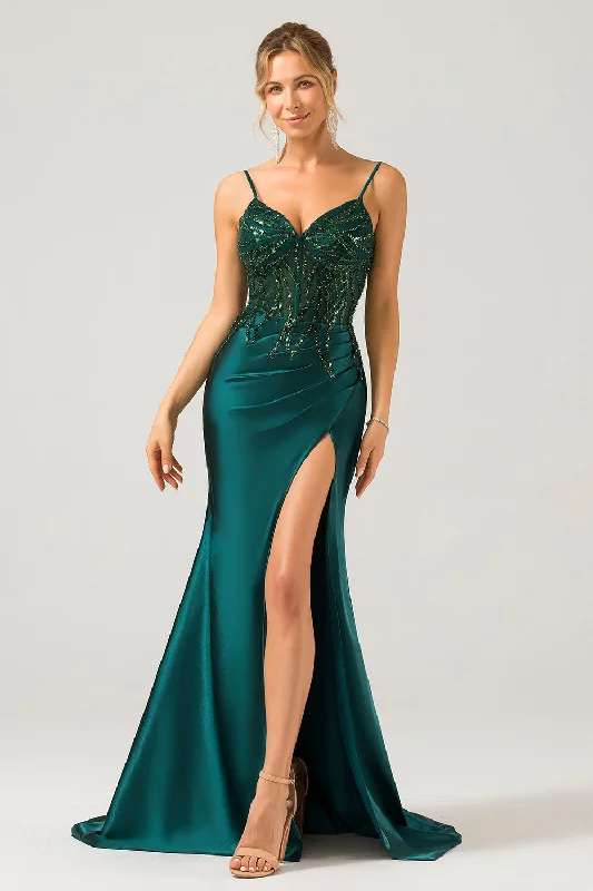 Beaded Party Dress for Luxurious Look -Sparkly Dark Green Mermaid Sequin Pleated Corset Long Prom Dress With Slit