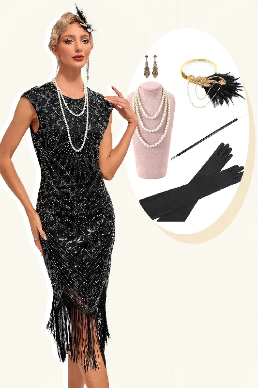 Casual Dresses for Everyday -Black Sleeveless Glitter Fringes 1920s Dress with Accessories Set