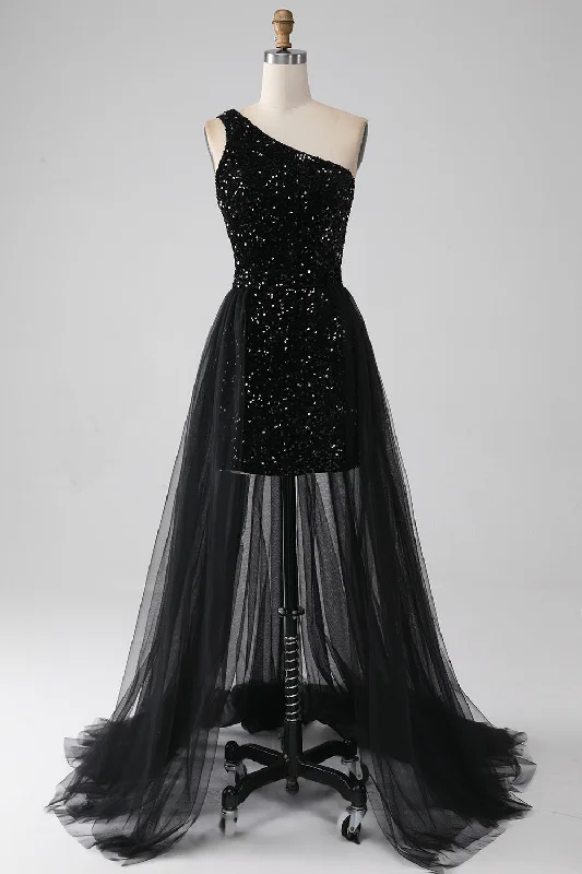 A Line Party Dress for Flattering Fit -A-Line Black One Shoulder Sequins Prom Dress