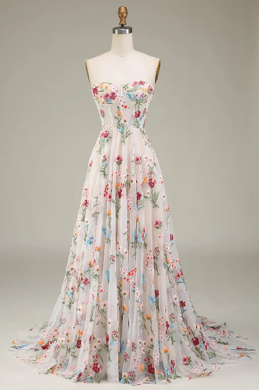 Party Dress with Belt for Stylish Look -A-Line Sweetheart Long Corset Prom Dress With Flower