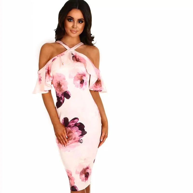 White Dresses for Pure Look -Women's Summer Sexy Off Shoulder Floral Print Ruffles Halter Sheath Dress