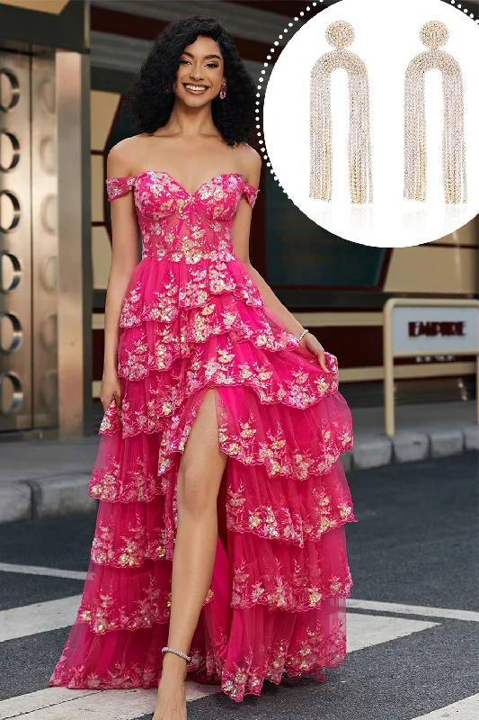 Party Dress with Bow for Cute Touch -Trendy A Line Off the Shoulder Fuchsia Split Front Corset Prom Dress with Accessories Set