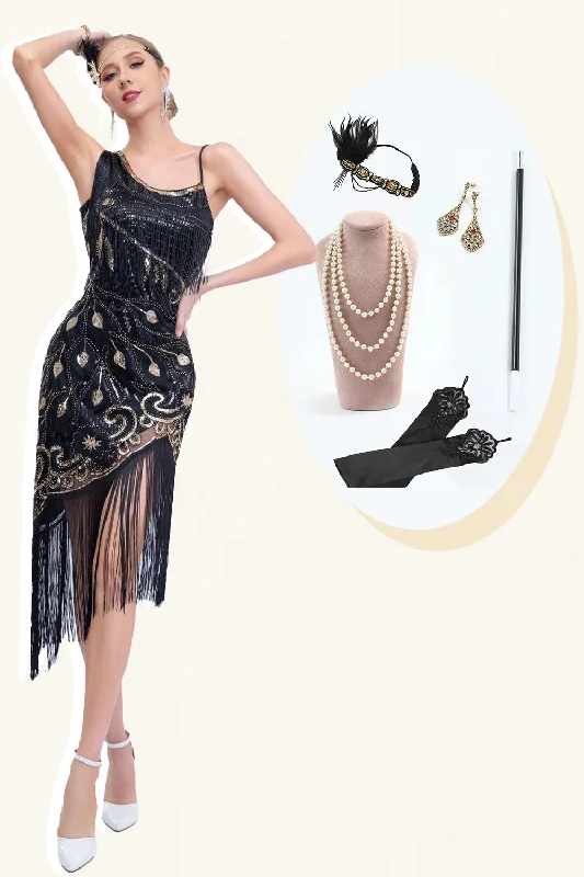 Shift Dresses for Simple Look -Sparkly Black Asymmetrical Sequins Fringed 1920s Dress with Accessories Set