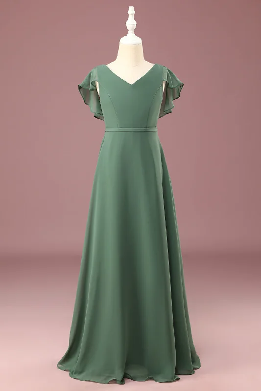 Graduation Dresses for Milestone -A-line Eucalyptus Chiffon Long Cap Sleeve Junior Bridesmaid Dress