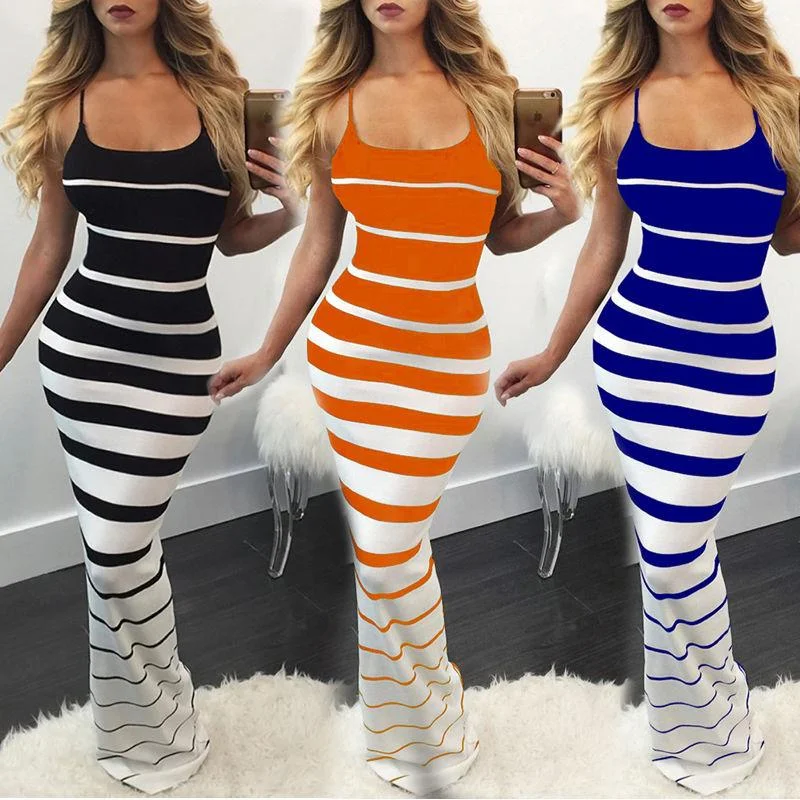 Maxi Dresses for Elegant Style -Sexy Women's Summer Striped Off Shoulder Slim Bandage Long Bodycon Dress