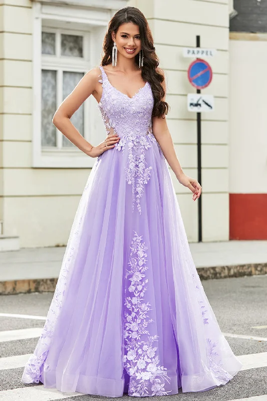 Party Dress for Business Party -Gorgeous A Line Spaghetti Straps Lilac Tulle Long Prom Dress with Appliques