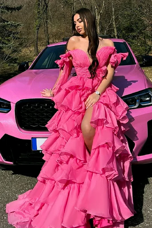 Split Front Party Dress for Dramatic -Princess Fuchsia A-Line Deep V-Neck  Tiered Long Prom Dress With Slit