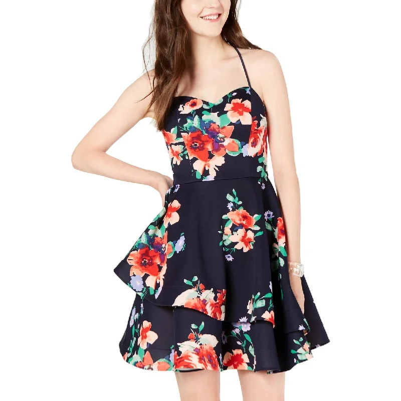 Party Dress for Valentine's Day -Sequin Hearts Womens Juniors Floral Print Ruffled Cocktail And Party Dress