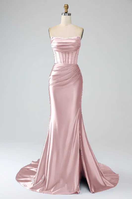 High Neck Party Dress for Modest Look -Blush Pink Mermaid Strapless Pleated Corset Long Prom Dress with Slit