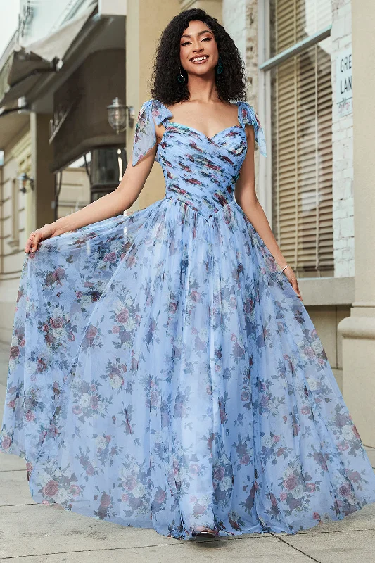 Pleated Party Dress for Structured Look -Blue A-Line Printed Adjustable Straps Long Prom Dress