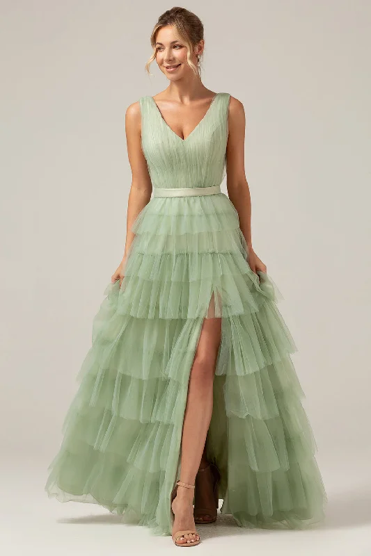 Lace Party Dress for Delicate Look -Green Tiered A Line V-Neck Tulle Long Prom Dress with Slit