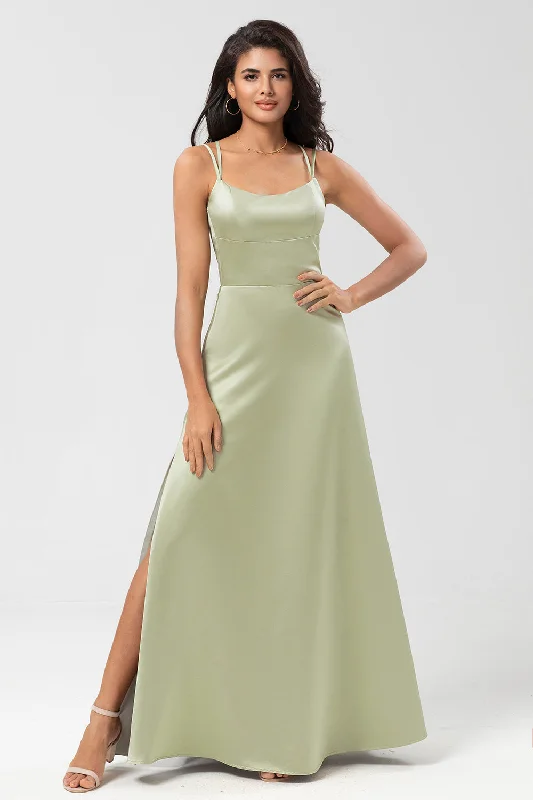 Halter Dresses for Chic Style -Satin Green Bridesmaid Dress with Lace-up Back