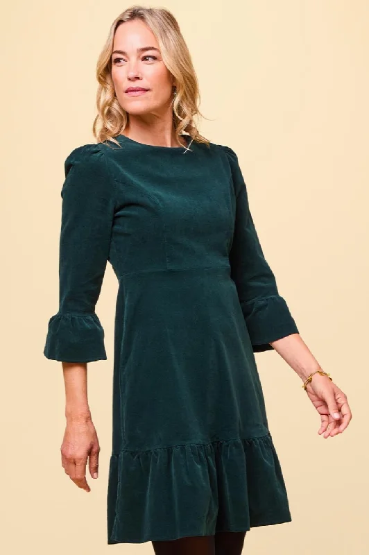 Tiered Dresses for Voluminous -Victoria Short Stretch Corduroy Dress | Bottle Green