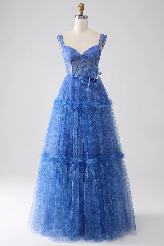 Beaded Party Dress for Luxurious Look -Blue Printed A Line Tulle Corset Prom Dress